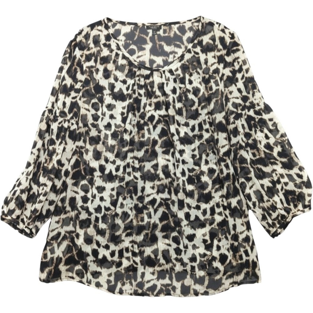 Talbots Blouse 12 Brown Leopard Print Sheer Tiered Sleeve Contemporary Office